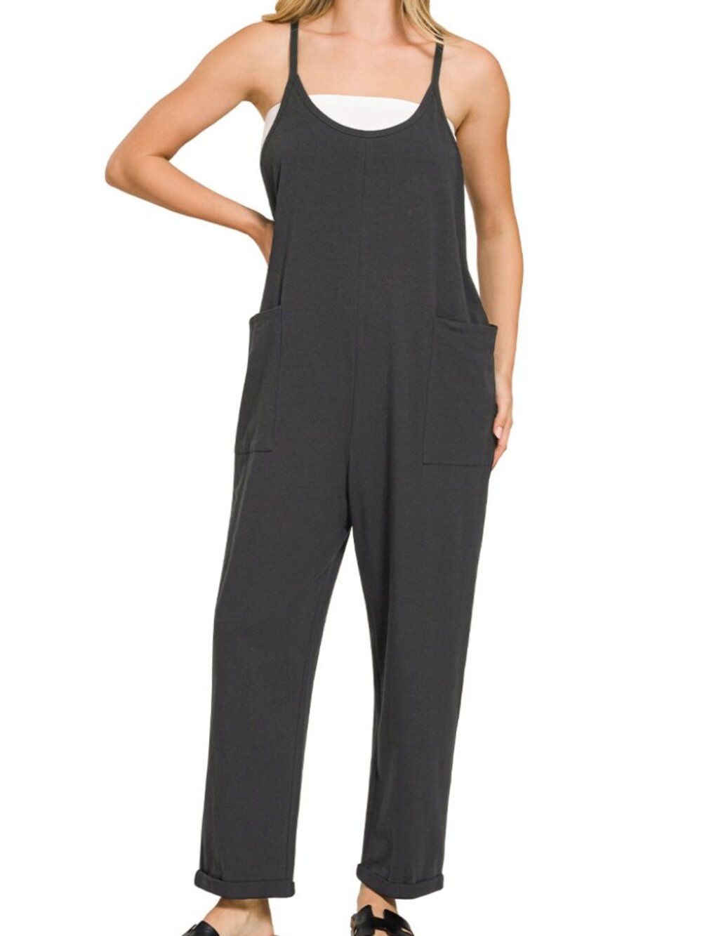 Spaghetti Strap Jumpsuit with Pockets - Black